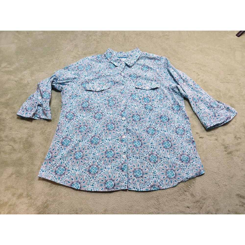 Croft & Barrow Womens Sz XXL Blue Print Button Down Shirt 3/4 Roll Sleeve Top